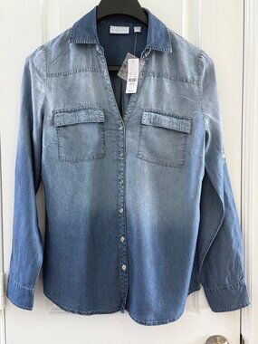 New York & Company Lyocell Button-Up Denim Shirt Medium Blue Long Sleeve
